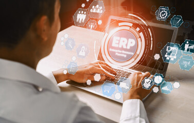 Enterprise Resource Management ERP software system for business resources plan presented in modern...