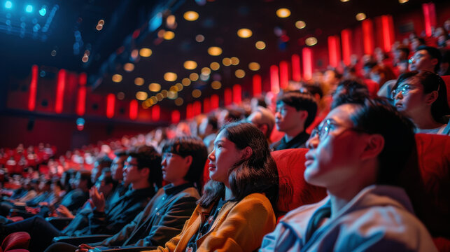 A diverse group of people attentively watch a live performance in a dimly lit, modern theater with red seats and ambient lighting.