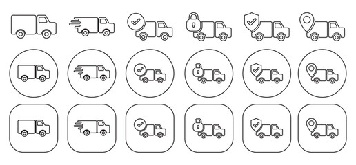 Truck delivery black outline icon set isolated on white background
