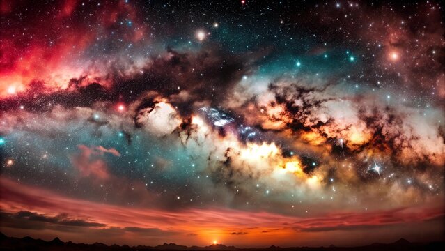 A panoramic view of a nebula spreading across a starry sky. The nebula's edges fade into the surrounding darkness, suggesting an endless, expansive universe