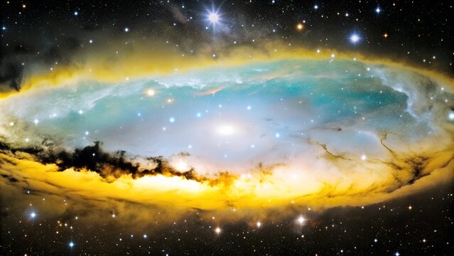 A panoramic view of a nebula spreading across a starry sky. The nebula's edges fade into the surrounding darkness, suggesting an endless, expansive universe