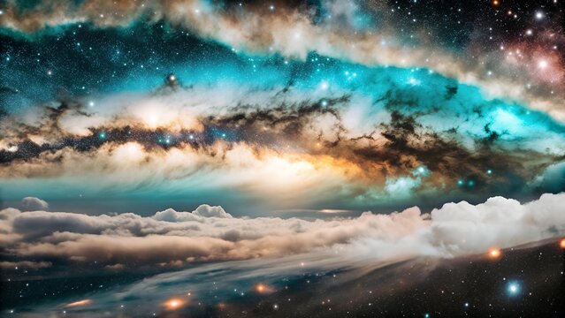 A panoramic view of a nebula spreading across a starry sky. The nebula's edges fade into the surrounding darkness, suggesting an endless, expansive universe