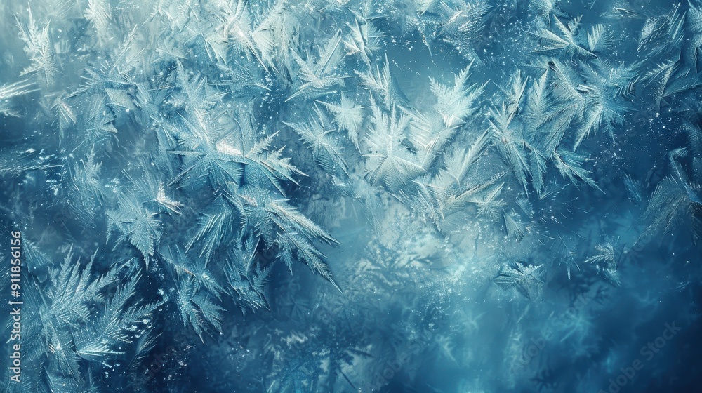 Poster delicate frost patterns on a blue surface