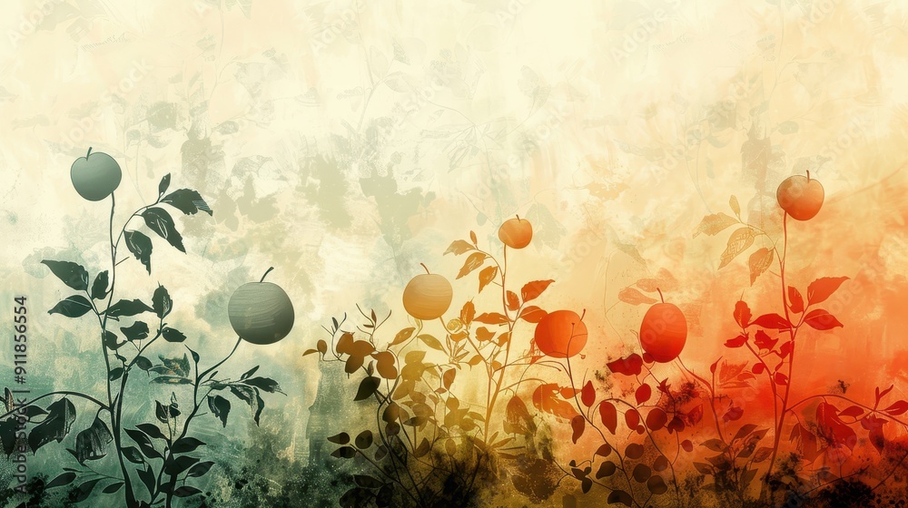 Aufkleber abstract painting of silhouetted apple trees with a warm color palette