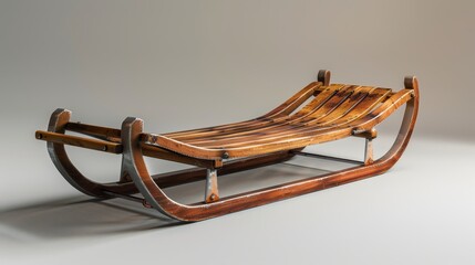 Detailed image of a vintage wooden sled with shiny metal runners, isolated against a plain background, providing room for copy text or graphic elements