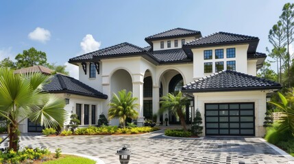 Elegant Modern Home Surrounded by Lush Landscaping in Bright Sunshine