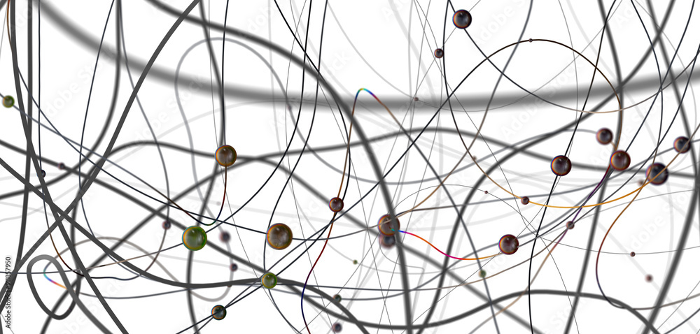 Poster Multi color connected lines and dots network 3d illustration