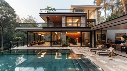 Stunning Modern Architecture Home Overlooking Lush Forest With Infinity Pool at Dusk