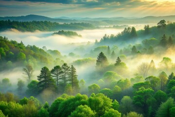 Ethereal pale green mist envelops a serene forest at dawn, with dewy foliage and trees emerging from the fog, exuding tranquility and natural beauty.