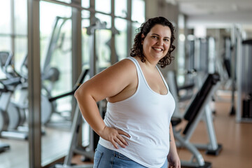 Fototapeta premium A fat overweight woman smiling in a gym doing cardiovascular exercise on an electric treadmill.