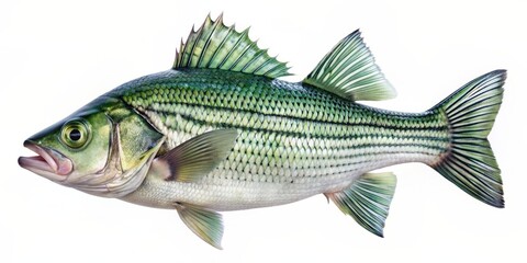 Obraz premium Freshly caught white striped bass fish with vibrant green scales and silver belly, isolated on a transparent background, showcasing its sleek profile and delicate fins.