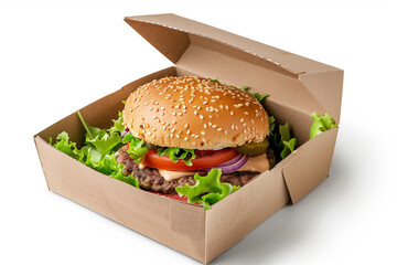Hamburger in cardboard box on a white background
