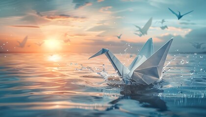 Origami crane splashing, creativity and serenity.