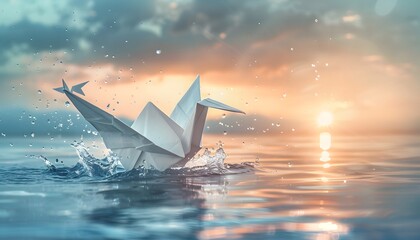 Obraz premium Origami crane splashing, creativity and serenity.