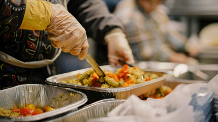 A volunteer serving hot meals to a group of homeless individuals at a shelter kitchen.