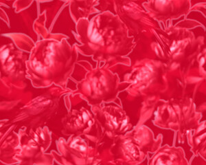 Gothic style seamless pattern with dark peonies flowers and ravens . Halloween themed graphic print for clothing, fabric, wallpaper, wrapping paper