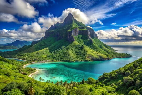 Majestic emerald Rotui mountain rises from turquoise waters on Moorea Island, French Polynesia, as seen from Belvedere lookout, offering serene and expansive copy space.