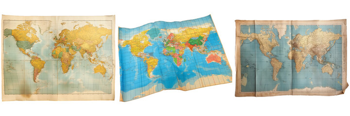 Three vintage world maps show different continents and countries.  Perfect for educational or travel themes. © Sariyono