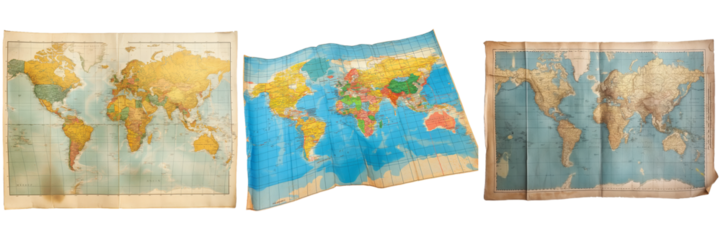 Three vintage world maps show different continents and countries.  Perfect for educational or travel themes.