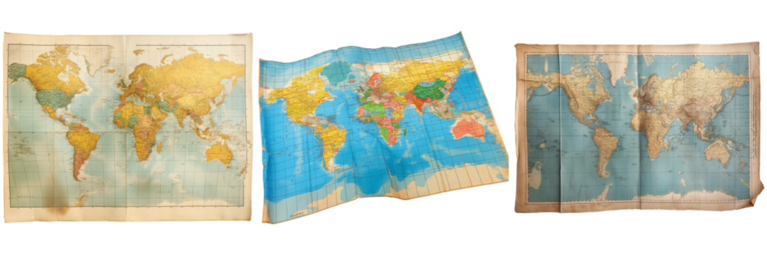 Three vintage world maps show different continents and countries.  Perfect for educational or travel themes.
