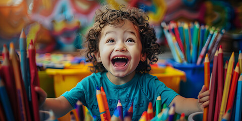 Fototapeta premium Vibrant preschooler, thrilled with multicolor crayons in hand, depicting pure joy and happiness during an arts and crafts class.