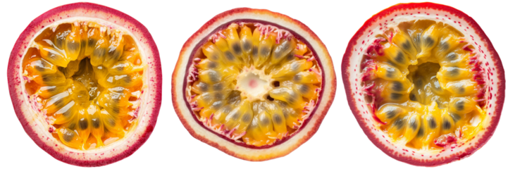 Three passionfruit halves, cut in half, showing the seeds and pulp.