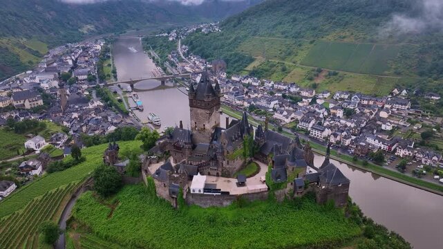 Cochem Castle On The Moselle River In Western Germany, Aerial View