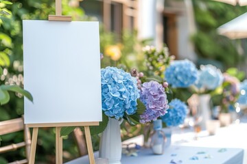 A white canvas with a blue flower on it.