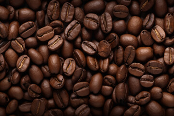 Processed collage of dark brown coffee beans texture. Background for banner, backdrop or texture