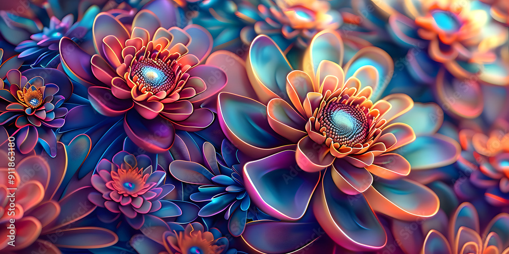 Sticker Vibrant 3D flower wallpaper on a futuristic 3D background, ideal for wall art and home decor, showcasing stunning 3D illustration with intricate floral designs.