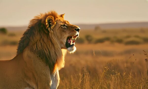 Roaring lion in the african savanna at sunset