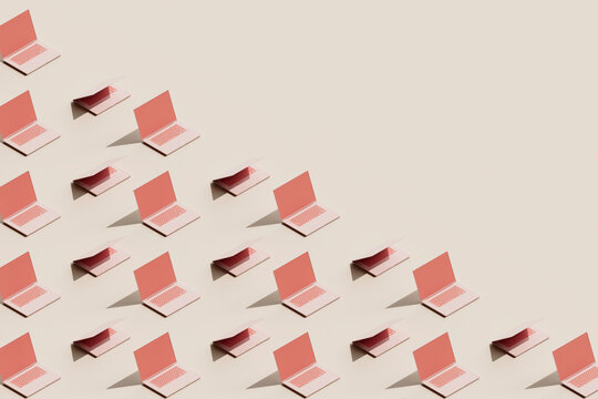 3D Render of Pink Laptops in Diagonal Pattern on Beige Backgroun