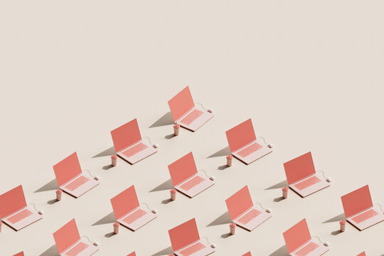3D Render of Pink Laptops with Mouse and Cup in Diagonal Rows on