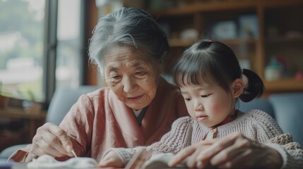Obraz premium A grandmother reads to her young granddaughter, fostering joy and connection during a peaceful afternoon