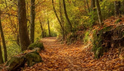 Fototapeta premium Enchanting Forest Path Covered in Autumn Leaves