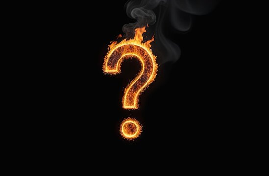 question mark burning in fire on black background