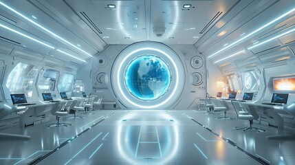 AI-driven coaching in a futuristic classroom with holographic displays, Sci-Fi, White and Blue, 3D Render
