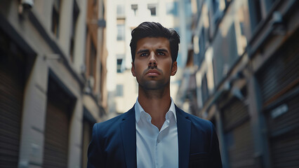 Fototapeta premium Young Man in Blue Suit Walking in Urban Setting