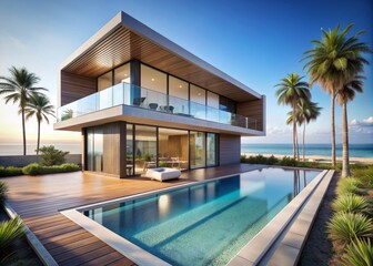 Fototapeta premium Modern house with a swimming pool, modern pool villa at the beach, luxury villa with tropical ocean