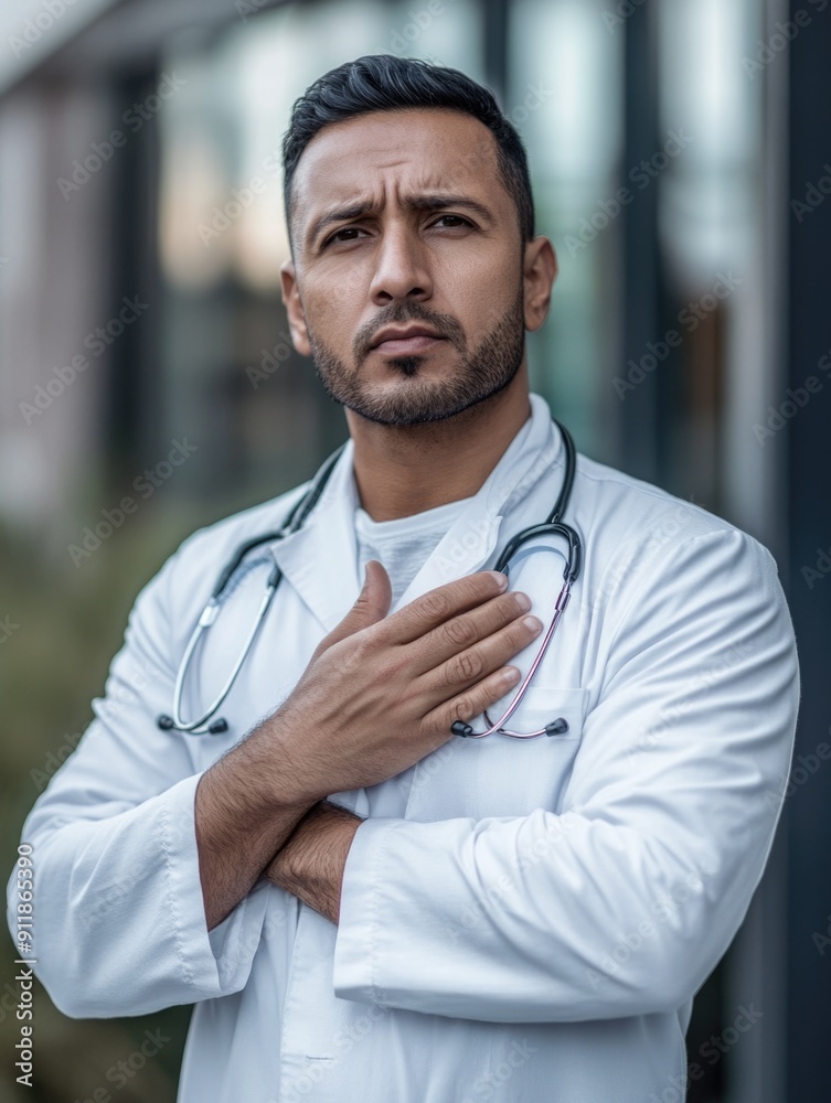 Wall mural a person wearing a stethoscope on their chest, possibly a doctor or medical professional