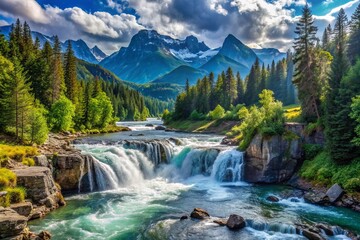 a beautiful scenic view of an amazing landscape of waterfall falling into the river with mountains and trees