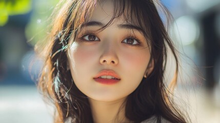 春の穏やかな日差しの中、公園でリラックスしている女性が微笑んでいる。