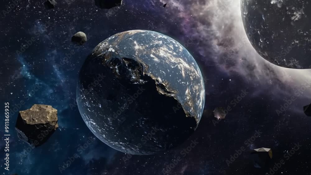 Poster meteor rock floating near deteriorating planet in outer space generative ai