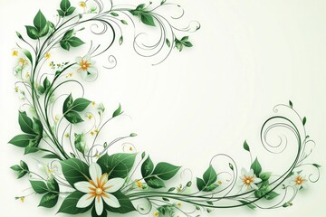 Floral Swirl Border Frame with White Flowers and Green Leaves