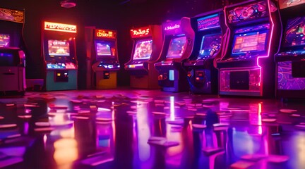 Arcade video games in an empty dark game room, with neon lights glowing softly, casting colorful reflections on the shiny floor