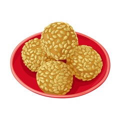 Vector illustration of mini Onde Onde, a bite-sized snack, made from glutinous rice flour with green bean and palm sugar filling, topped with sesame seeds.