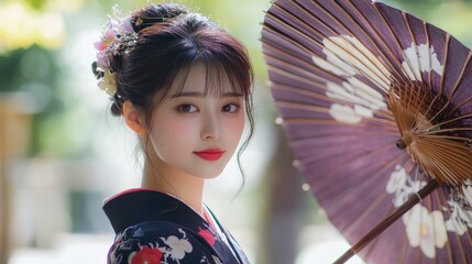 伝統的な和服をまとった女性が美しい日差しを浴びながら、庭園で微笑み、華やかな日傘を優雅に持っています。