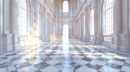 Obraz premium Elegant Grand Hall With Marble Flooring and Vast Windows Illuminated by Sunlight