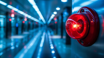 Close-up of a red alarm light glowing in a sleek, futuristic underground tunnel with a vanishing point perspective.