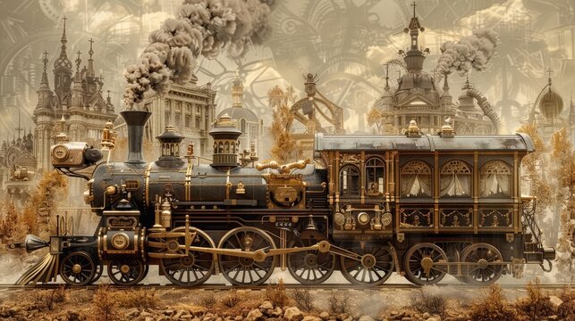 Victorian-era education with steampunk coaches and mechanical teaching devices, Steampunk, Sepia, Digital Illustration